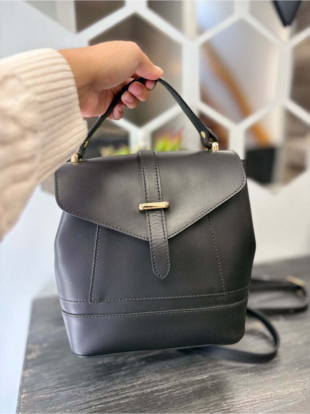 Women’s Structured Black Top-Handle Backpack - Picture 4 of 12